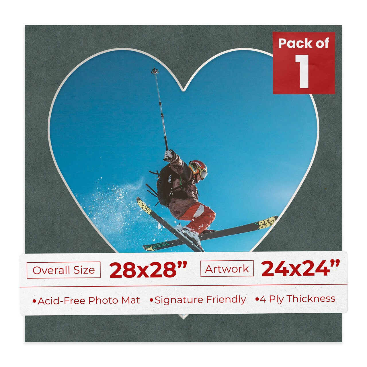 Dark Grey Suede Mat Board for 28x28 Frames - Heart Opening for 24x24 Photos